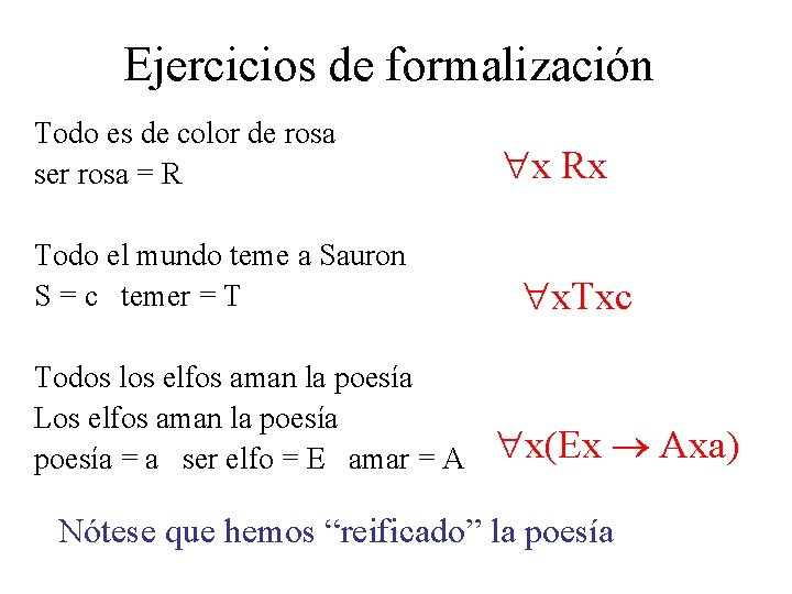 Ejercicios de formalización Todo es de color de rosa ser rosa = R Todo