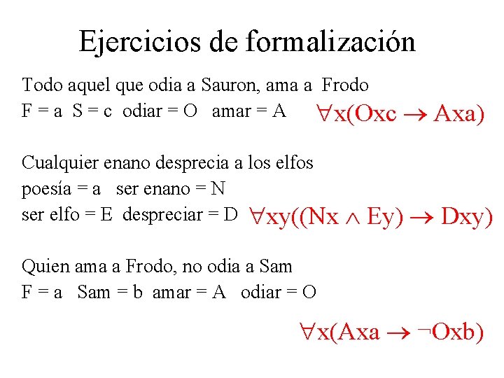 Ejercicios de formalización Todo aquel que odia a Sauron, ama a Frodo F =