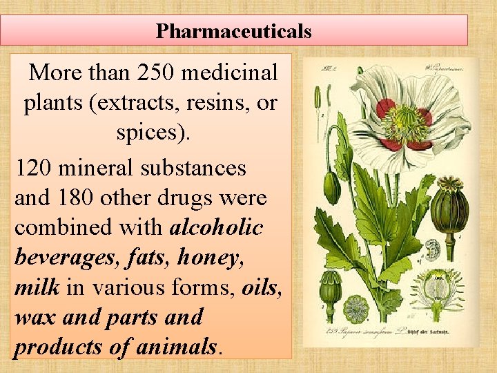 Pharmaceuticals More than 250 medicinal plants (extracts, resins, or spices). 120 mineral substances and