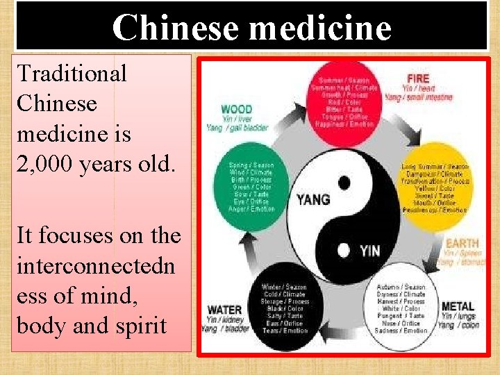 Chinese medicine Traditional Chinese medicine is 2, 000 years old. It focuses on the