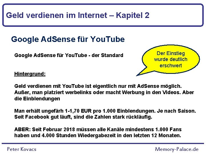 Geld verdienen im Internet – Kapitel 2 Google Ad. Sense für You. Tube -