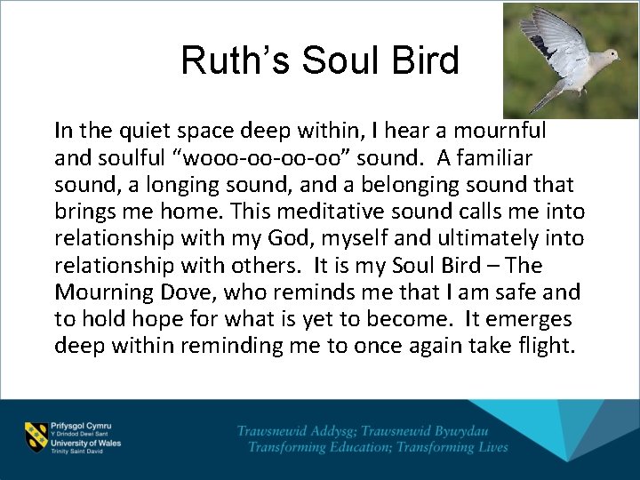 Ruth’s Soul Bird In the quiet space deep within, I hear a mournful and