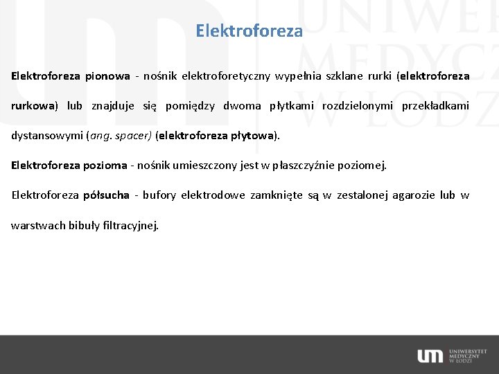 Elektroforeza pionowa - nośnik elektroforetyczny wypełnia szklane rurki (elektroforeza rurkowa) lub znajduje się pomiędzy