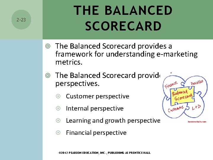 THE BALANCED SCORECARD 2 -23 The Balanced Scorecard provides a framework for understanding e-marketing