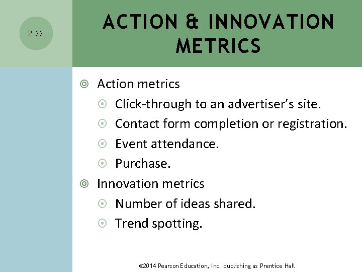 ACTION & INNOVATION METRICS 2 -33 Action metrics Click-through to an advertiser’s site. Contact