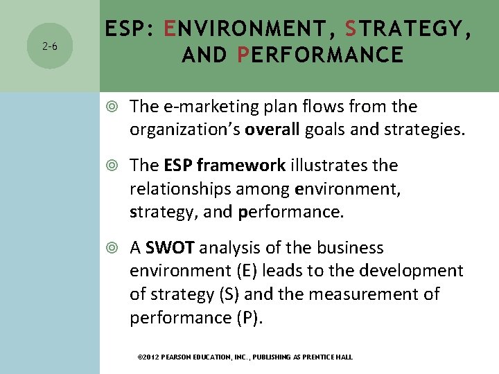 2 -6 ESP: ENVIRONMENT, STRATEGY, AND PERFORMANCE The e-marketing plan flows from the organization’s