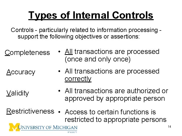 Types of Internal Controls - particularly related to information processing - support the following
