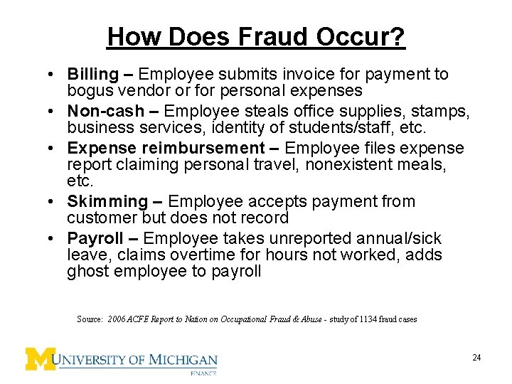 How Does Fraud Occur? • Billing – Employee submits invoice for payment to bogus