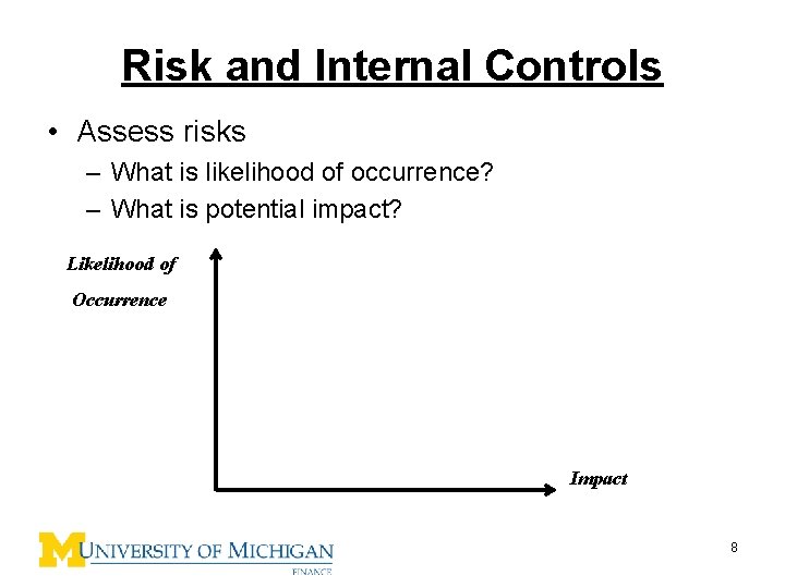 Risk and Internal Controls • Assess risks – What is likelihood of occurrence? –