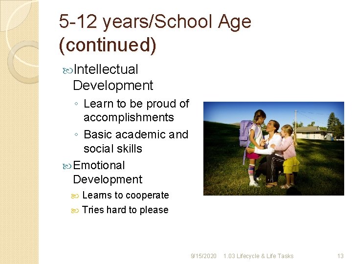 5 -12 years/School Age (continued) Intellectual Development ◦ Learn to be proud of accomplishments