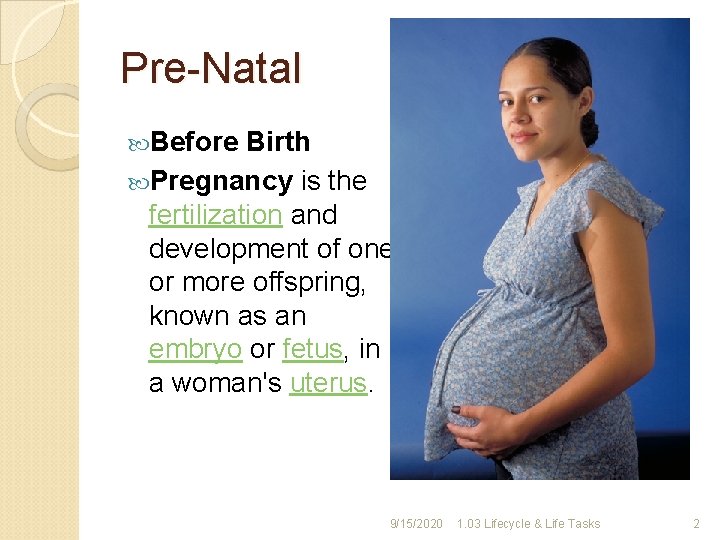 Pre-Natal Before Birth Pregnancy is the fertilization and development of one or more offspring,