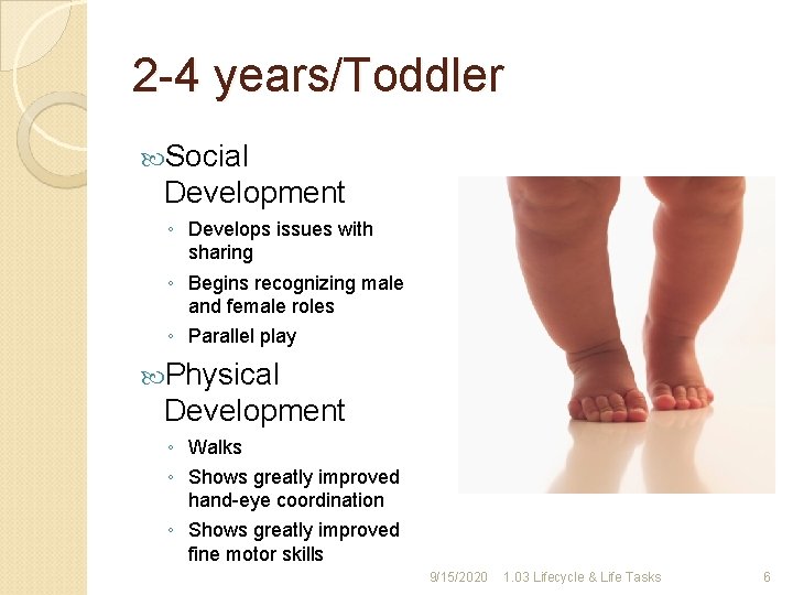 2 -4 years/Toddler Social Development ◦ Develops issues with sharing ◦ Begins recognizing male