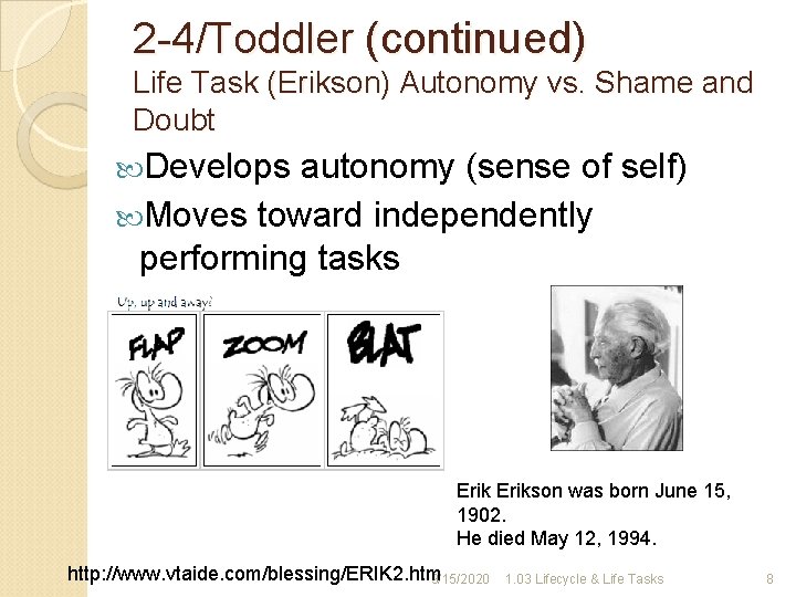 2 -4/Toddler (continued) Life Task (Erikson) Autonomy vs. Shame and Doubt Develops autonomy (sense