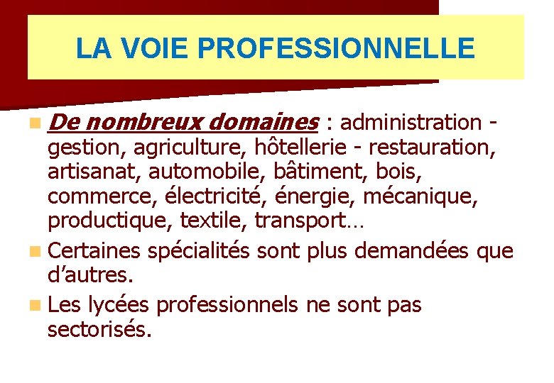 LA VOIE PROFESSIONNELLE n De nombreux domaines : administration - gestion, agriculture, hôtellerie -