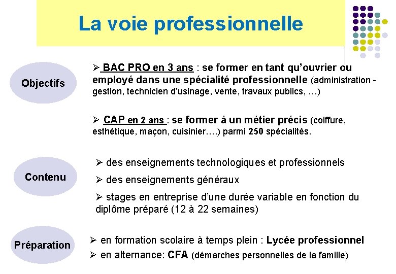 La voie professionnelle Objectifs Ø BAC PRO en 3 ans : se former en