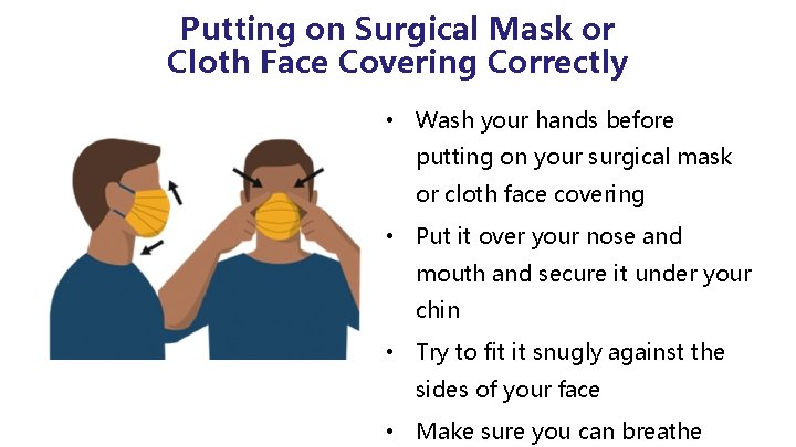 Putting on Surgical Mask or Cloth Face Covering Correctly • Wash your hands before