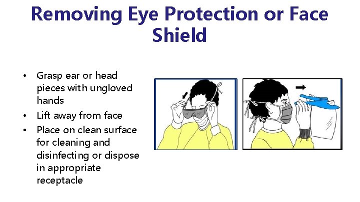 Removing Eye Protection or Face Shield • Grasp ear or head pieces with ungloved