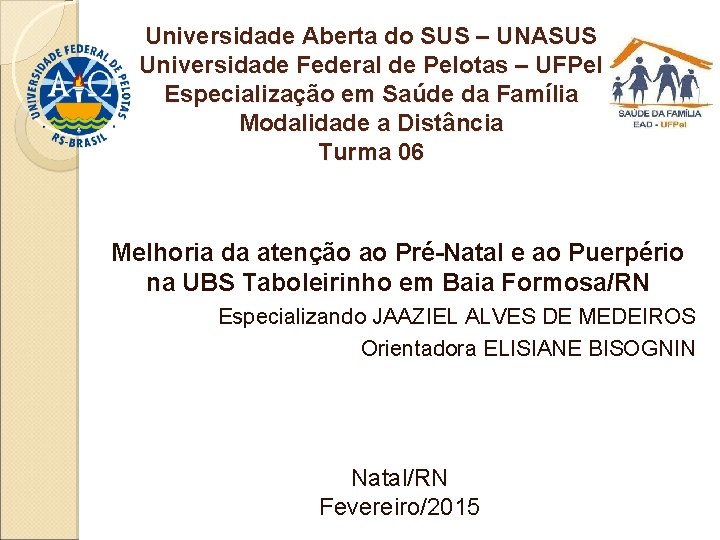 Universidade Aberta do SUS – UNASUS Universidade Federal de Pelotas – UFPel Especialização em