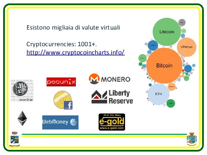 Esistono migliaia di valute virtuali Cryptocurrencies: 1001+. http: //www. cryptocoincharts. info/ 