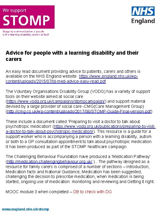 Advice for people with a learning disability and their carers An easy read document