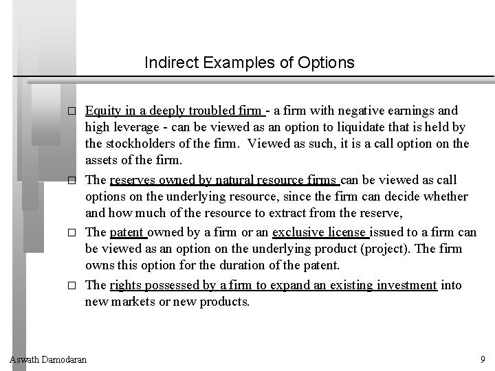 Indirect Examples of Options � � Equity in a deeply troubled firm - a
