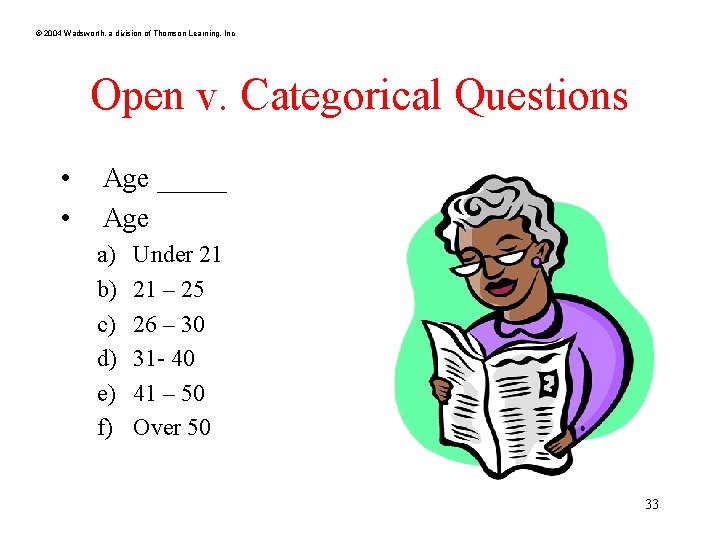 © 2004 Wadsworth, a division of Thomson Learning, Inc Open v. Categorical Questions •