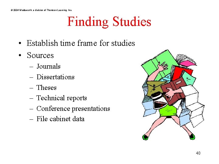 © 2004 Wadsworth, a division of Thomson Learning, Inc Finding Studies • Establish time