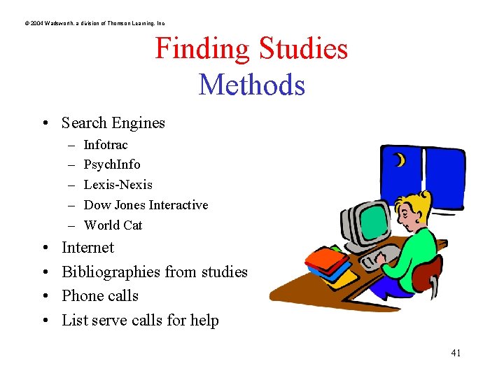 © 2004 Wadsworth, a division of Thomson Learning, Inc Finding Studies Methods • Search