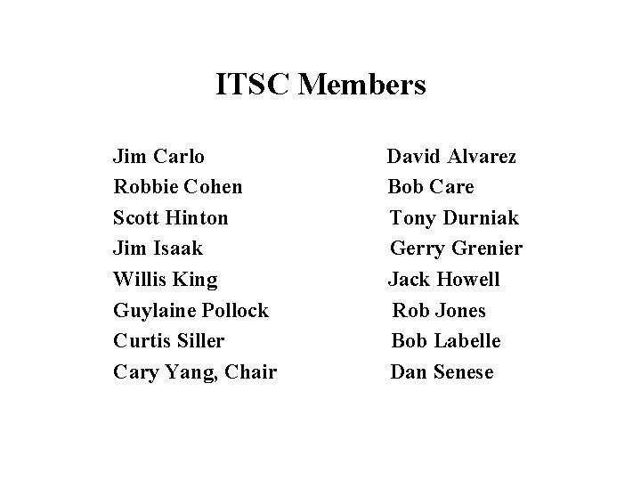 ITSC Members Jim Carlo Robbie Cohen Scott Hinton Jim Isaak Willis King Guylaine Pollock