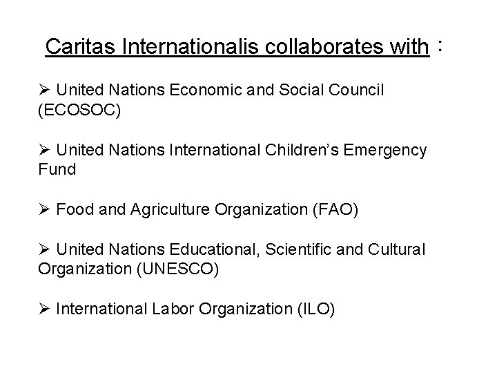 Caritas Internationalis collaborates with： Ø United Nations Economic and Social Council (ECOSOC) Ø United