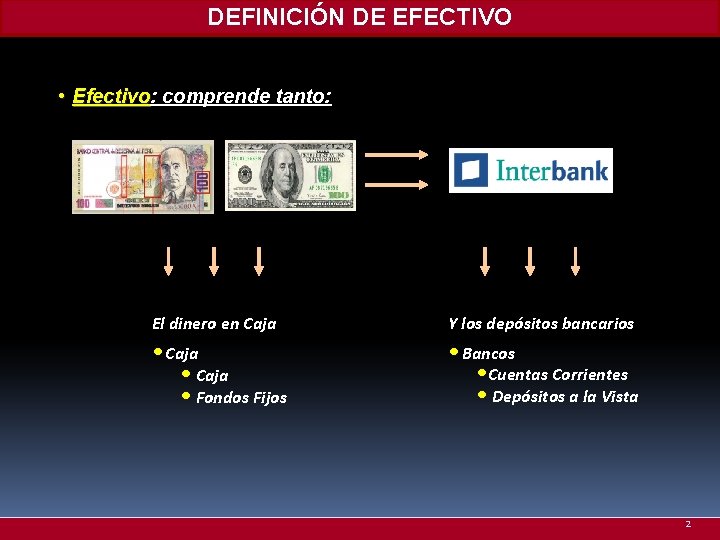 DEFINICIÓN DE EFECTIVO • Efectivo: Efectivo comprende tanto: El dinero en Caja Y los