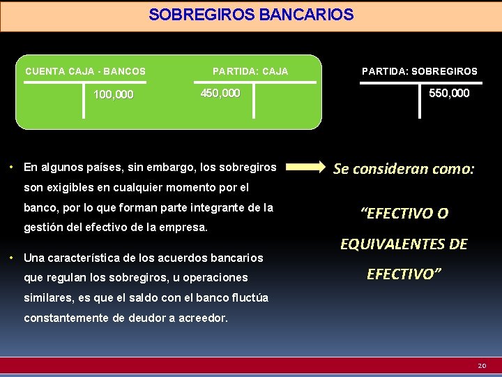 SOBREGIROS BANCARIOS CUENTA CAJA - BANCOS 100, 000 PARTIDA: CAJA 450, 000 • En