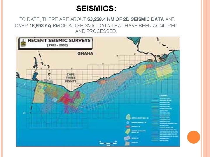 SEISMICS: TO DATE, THERE ABOUT 53, 228. 4 KM OF 2 D SEISMIC DATA