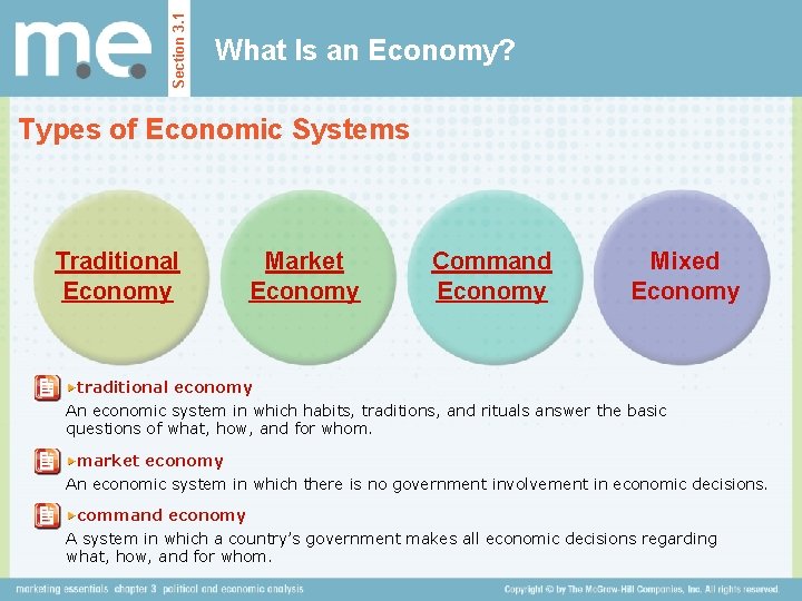 Section 3. 1 What Is an Economy? Types of Economic Systems Traditional Economy Market