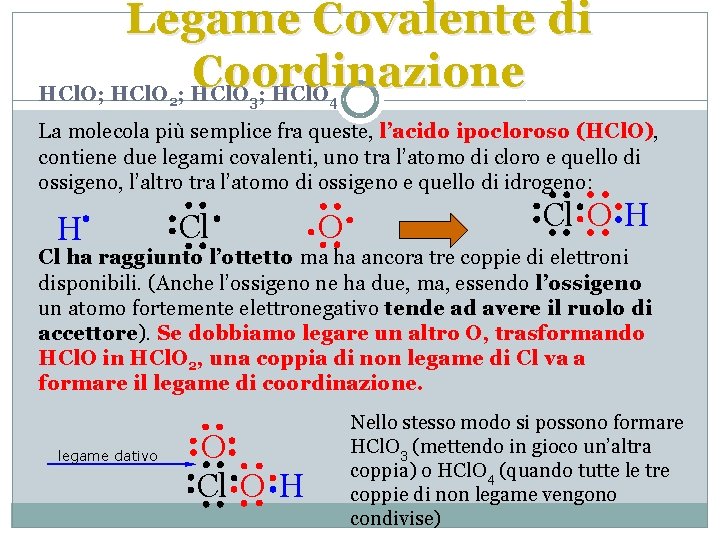 Legame Covalente di Coordinazione HCl. O; HCl. O 2 3 4 La molecola più