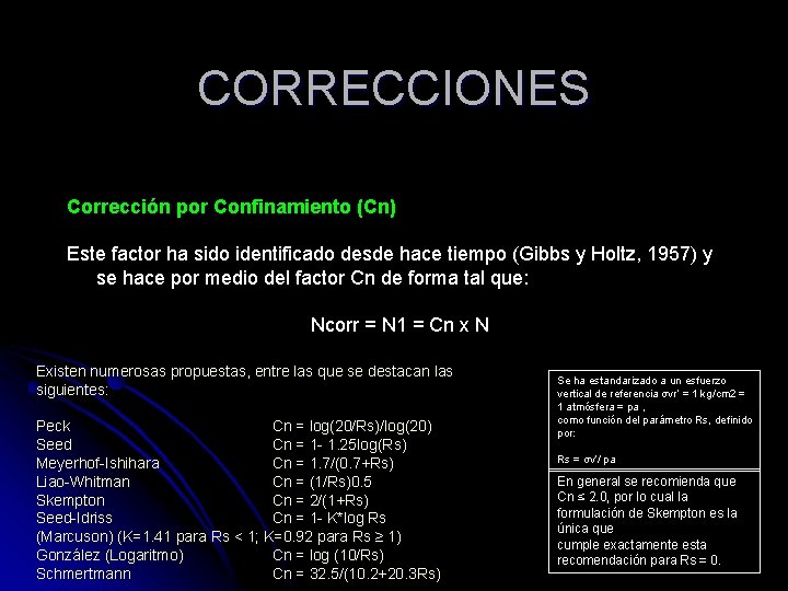 CORRECCIONES Corrección por Confinamiento (Cn) Este factor ha sido identificado desde hace tiempo (Gibbs