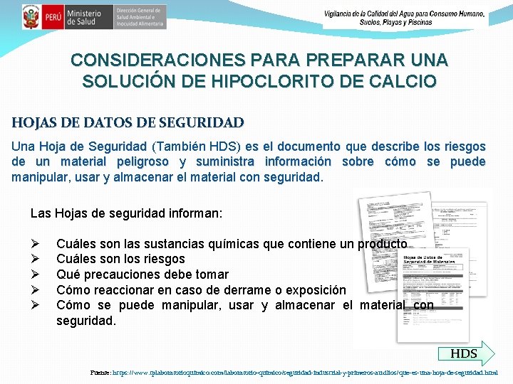 CONSIDERACIONES PARA PREPARAR UNA SOLUCIÓN DE HIPOCLORITO DE CALCIO HOJAS DE DATOS DE SEGURIDAD