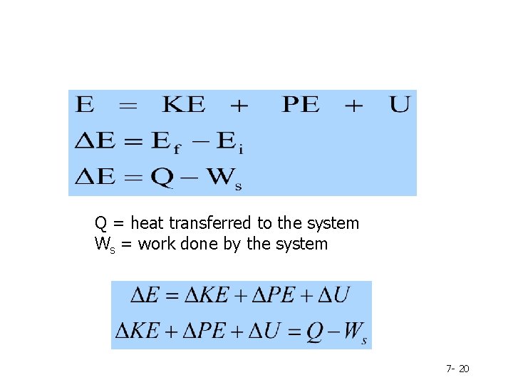 Q = heat transferred to the system Ws = work done by the system