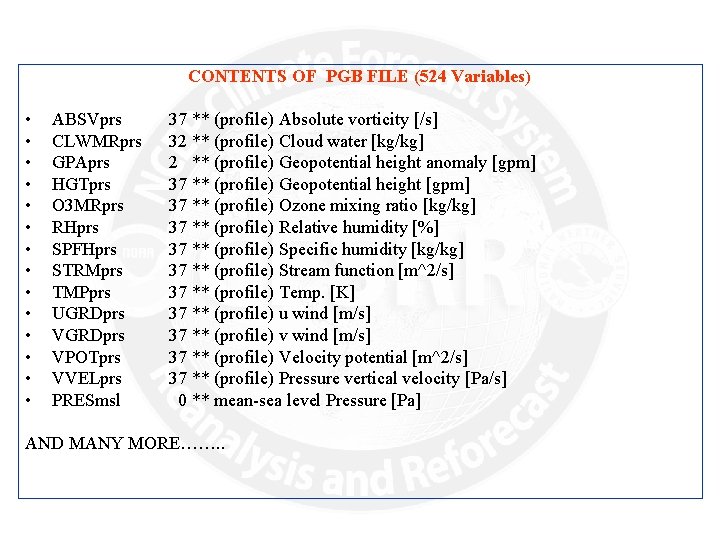 CONTENTS OF PGB FILE (524 Variables) • • • • ABSVprs CLWMRprs GPAprs HGTprs