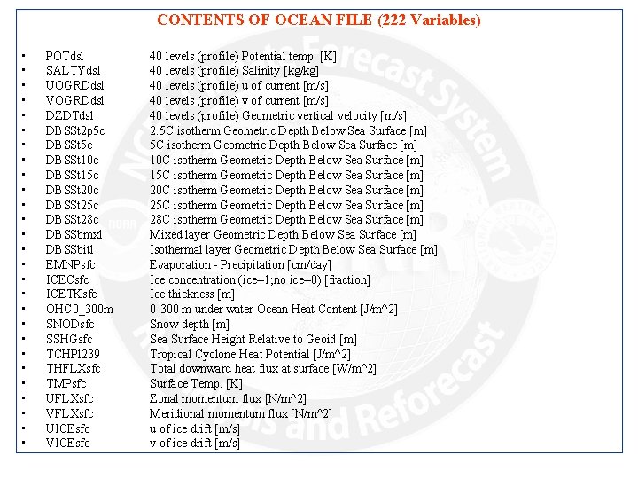 CONTENTS OF OCEAN FILE (222 Variables) • • • • • • • POTdsl