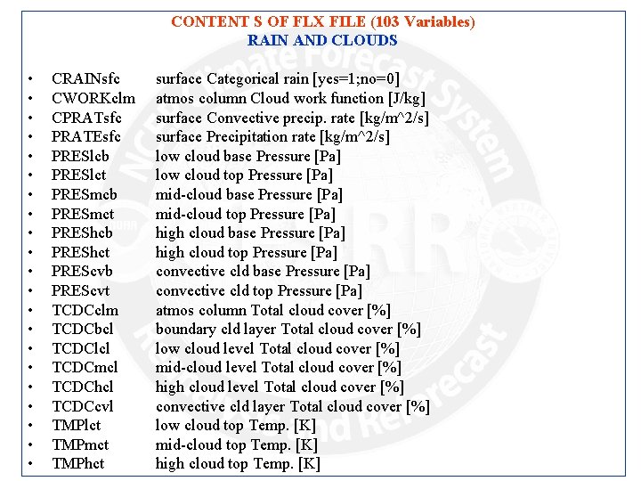 CONTENT S OF FLX FILE (103 Variables) RAIN AND CLOUDS • • • •