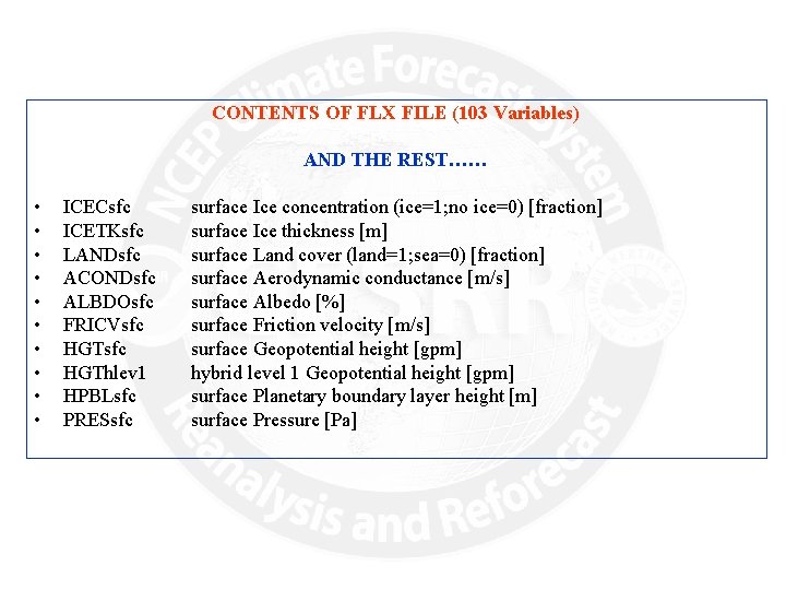 CONTENTS OF FLX FILE (103 Variables) AND THE REST…… • • • ICECsfc ICETKsfc