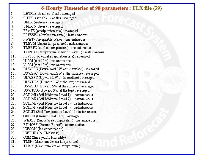 6 -Hourly Timeseries of 98 parameters : FLX file (39) 1. 2. 3. 4.