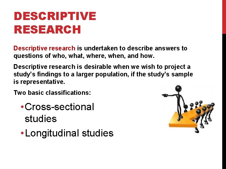 DESCRIPTIVE RESEARCH Descriptive research is undertaken to describe answers to questions of who, what,