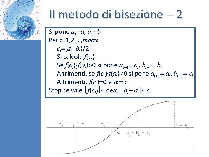 Il metodo di bisezione 2 Si pone a 1 a, b 1 b Per