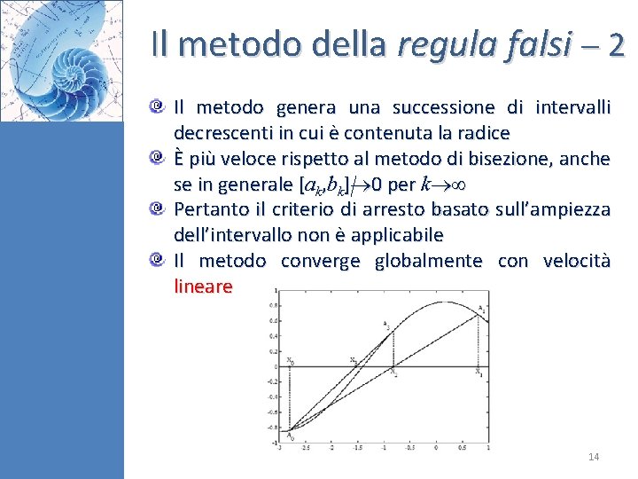 Il metodo della regula falsi 2 Il metodo genera una successione di intervalli decrescenti