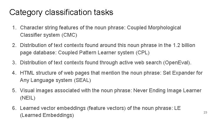 Category classification tasks 1. Character string features of the noun phrase: Coupled Morphological Classifier Category classification tasks 1. Character string features of the noun phrase: Coupled Morphological Classifier