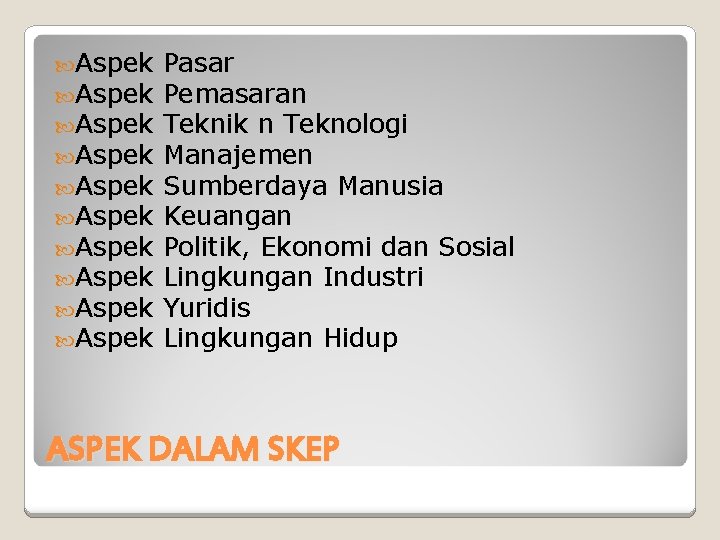  Aspek Aspek Aspek Pasar Pemasaran Teknik n Teknologi Manajemen Sumberdaya Manusia Keuangan Politik,