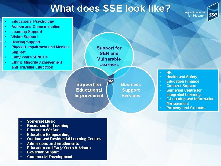 What does SSE look like? • • Educational Psychology Autism and Communication Learning Support