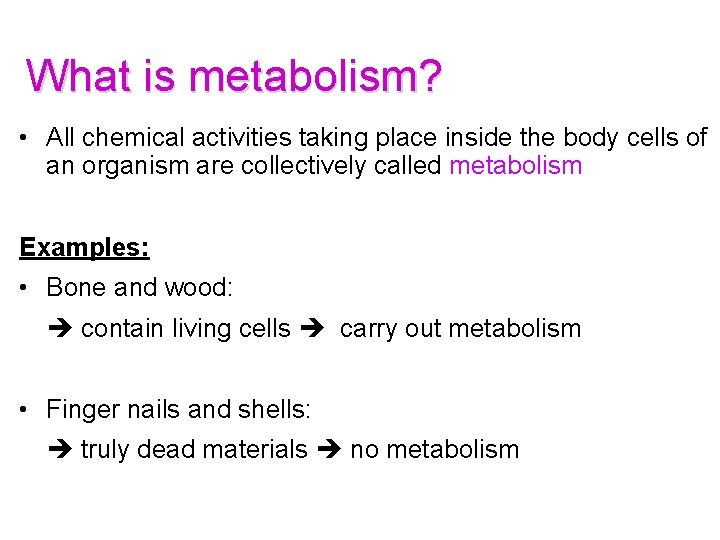 What is metabolism? • All chemical activities taking place inside the body cells of